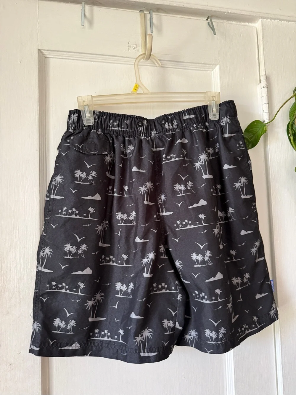 Ocean Gear Coastal Print Elastic Waist Shorts - Black with Gray Palm Pattern
